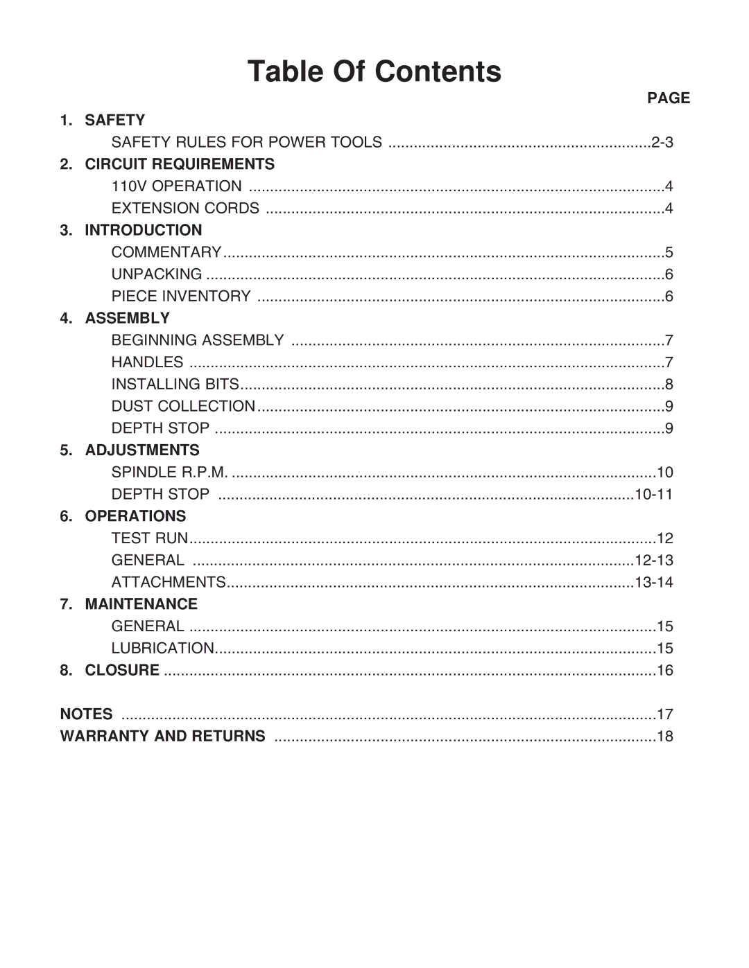 Grizzly H2854 instruction manual Table Of Contents 