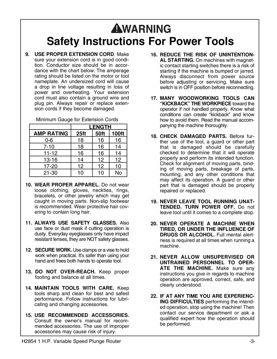 Grizzly H2854 instruction manual Length AMP Rating 