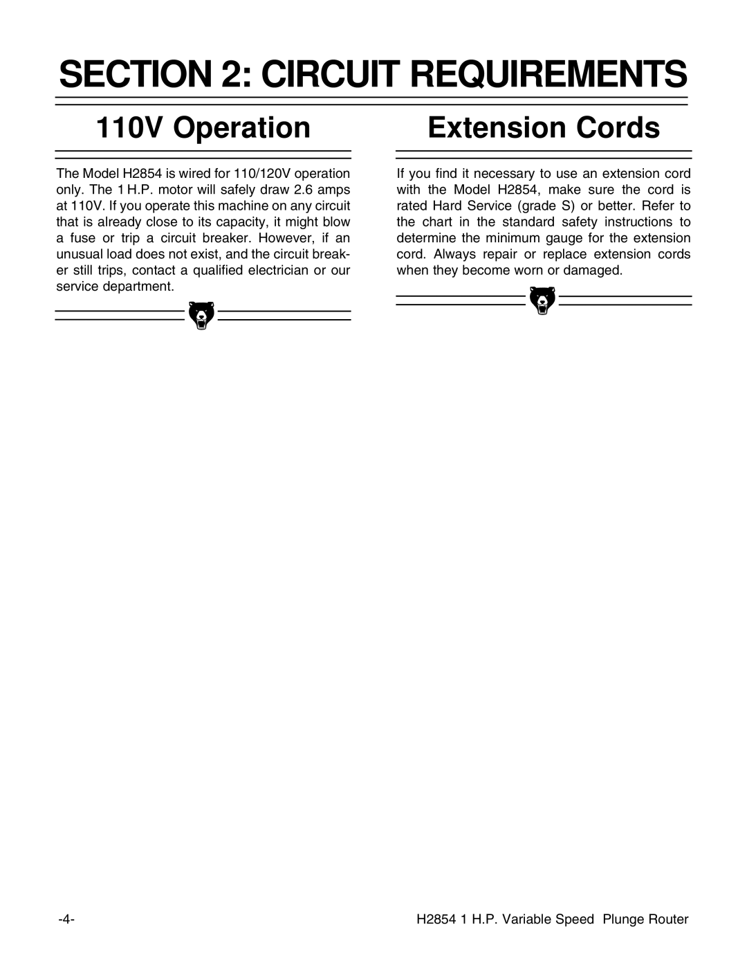 Grizzly H2854 instruction manual Circuit Requirements, 110V Operation, Extension Cords 