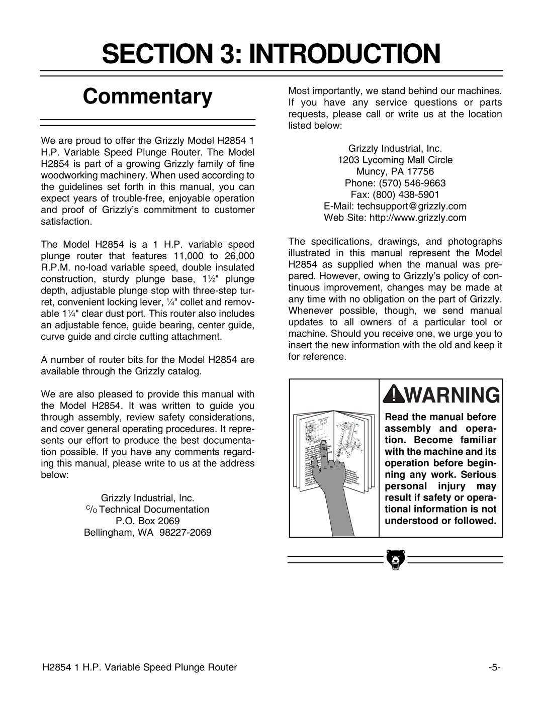 Grizzly H2854 instruction manual Introduction, Commentary 