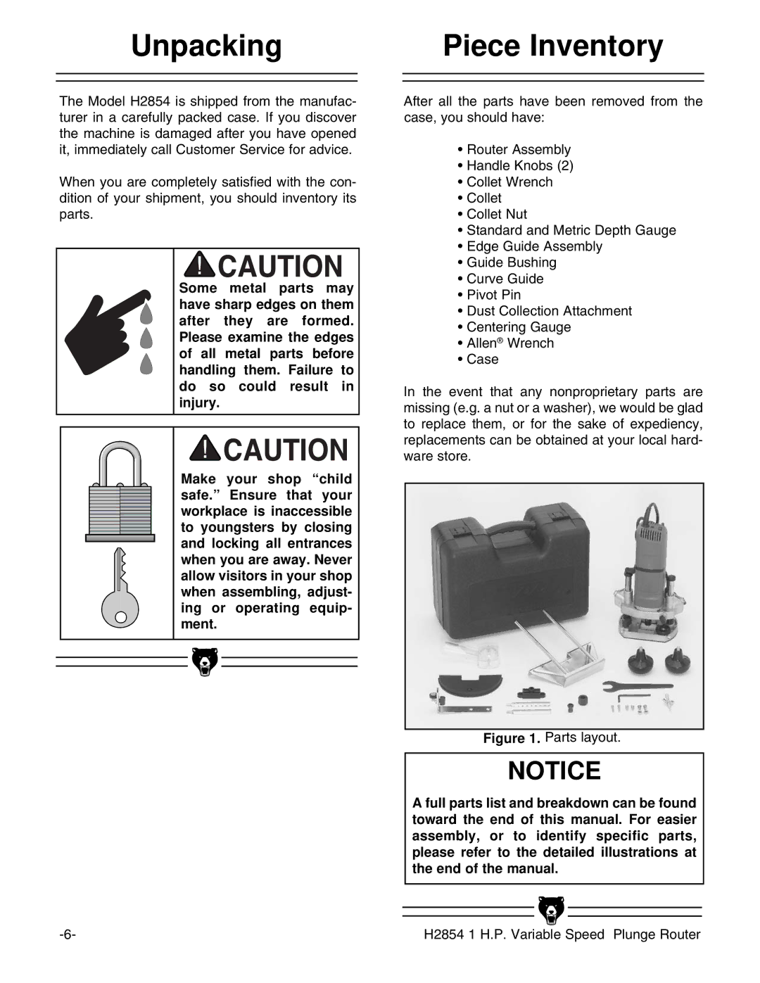 Grizzly H2854 instruction manual Unpacking, Piece Inventory 