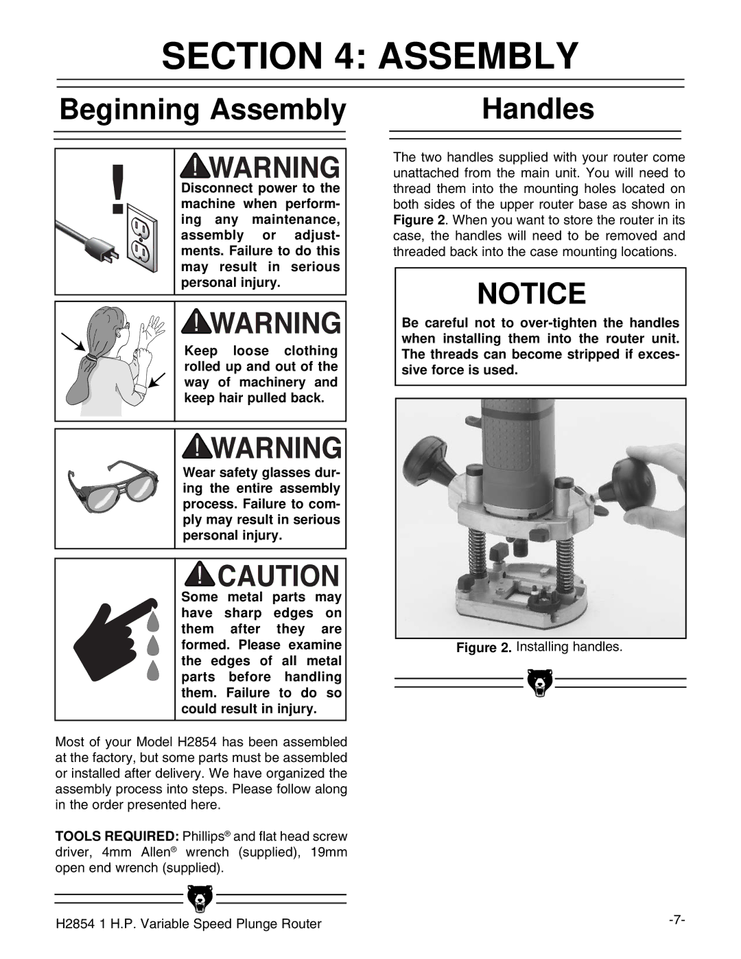 Grizzly H2854 instruction manual Beginning Assembly, Handles 