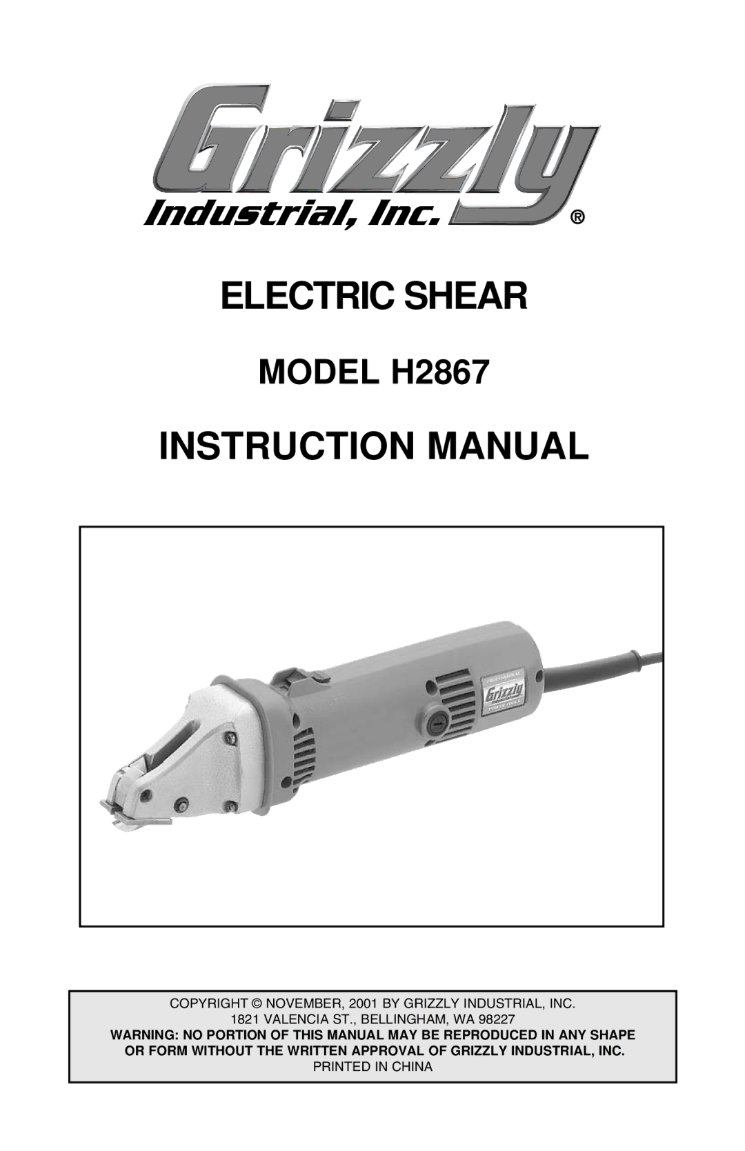 Grizzly H2867 instruction manual Electric Shear 