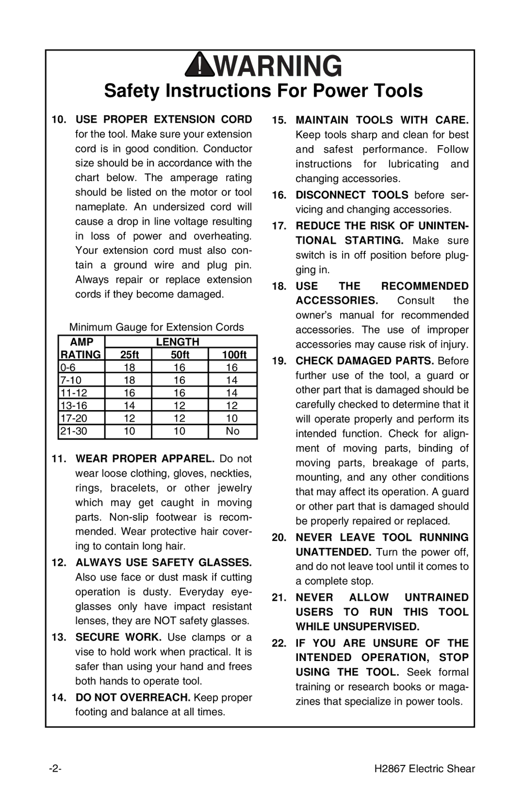 Grizzly H2867 instruction manual AMP Length Rating 