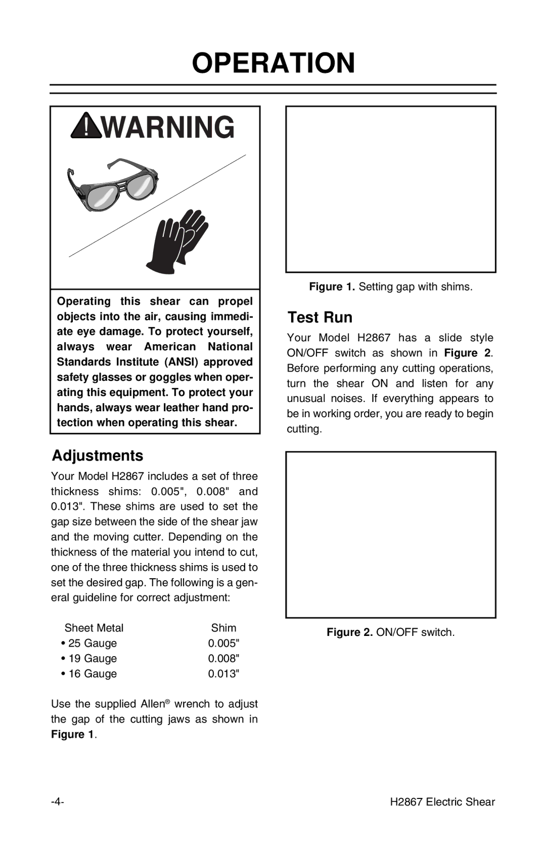 Grizzly H2867 instruction manual Operation, Adjustments, Test Run 