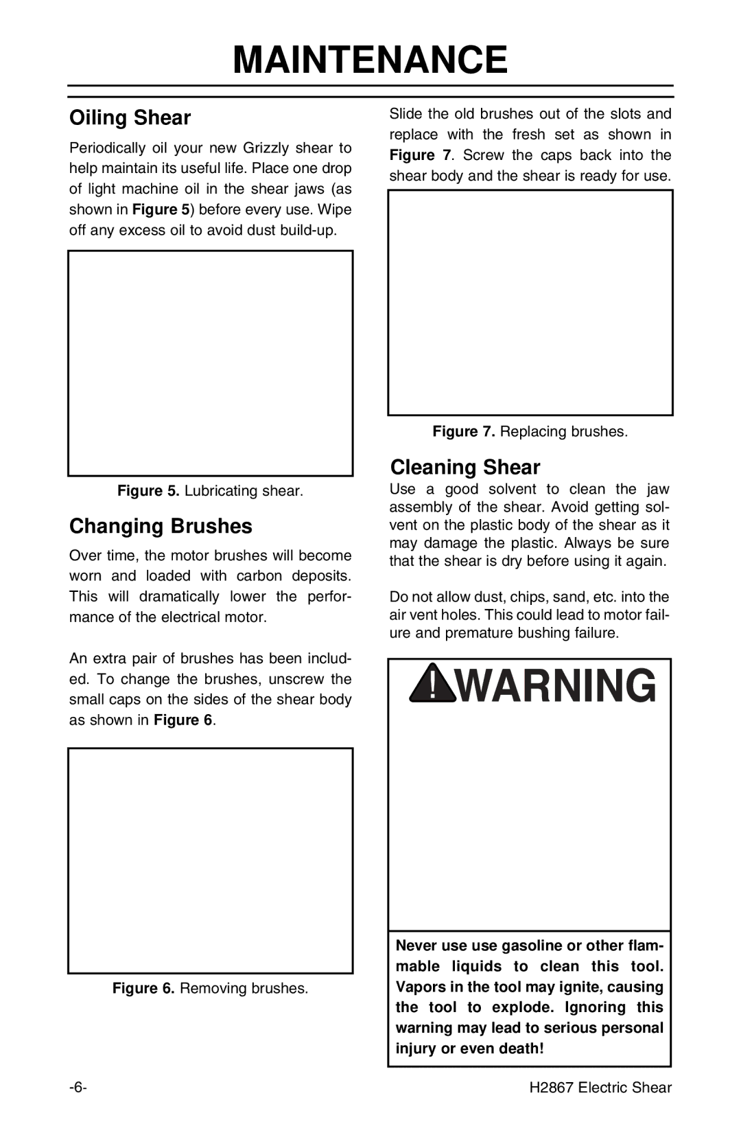 Grizzly H2867 instruction manual Maintenance, Oiling Shear, Changing Brushes, Cleaning Shear 