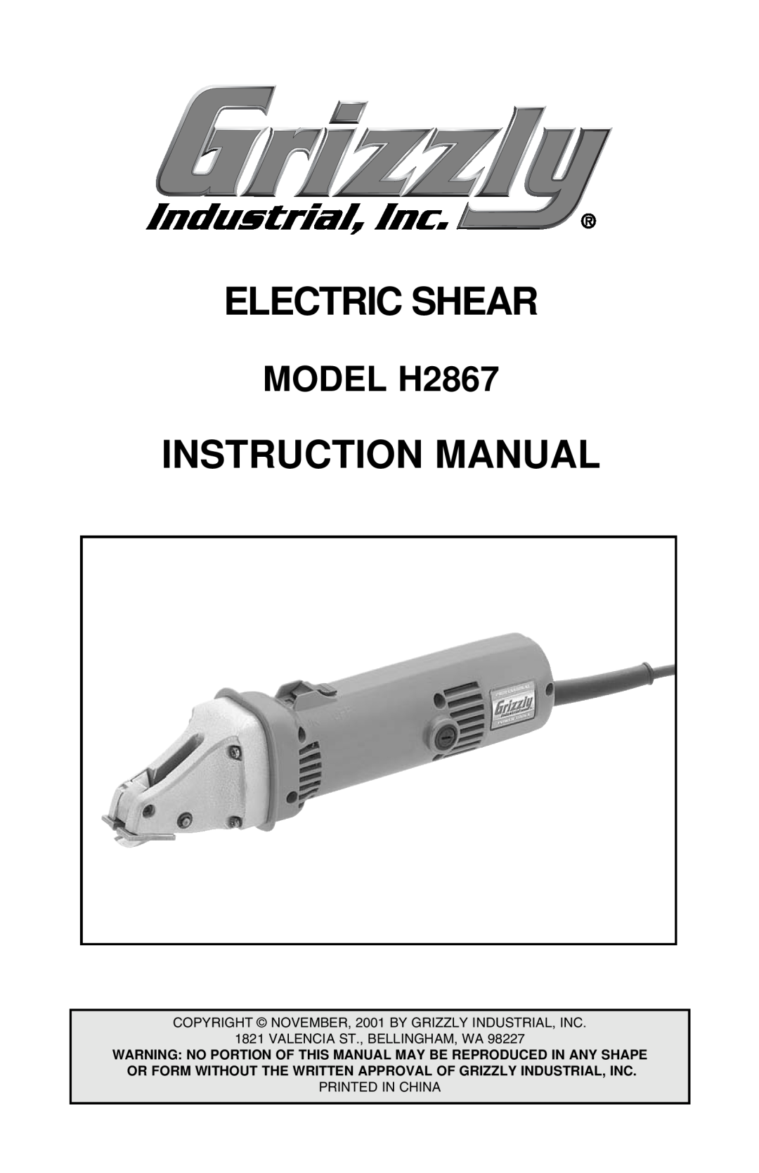Grizzly instruction manual Electric Shear, MODEL H2867 