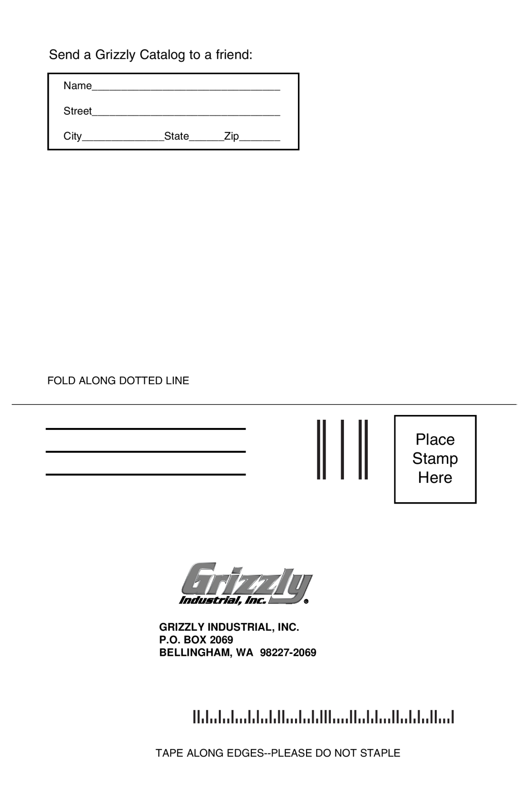 Grizzly H2867 instruction manual Place Stamp Here, Send a Grizzly Catalog to a friend 
