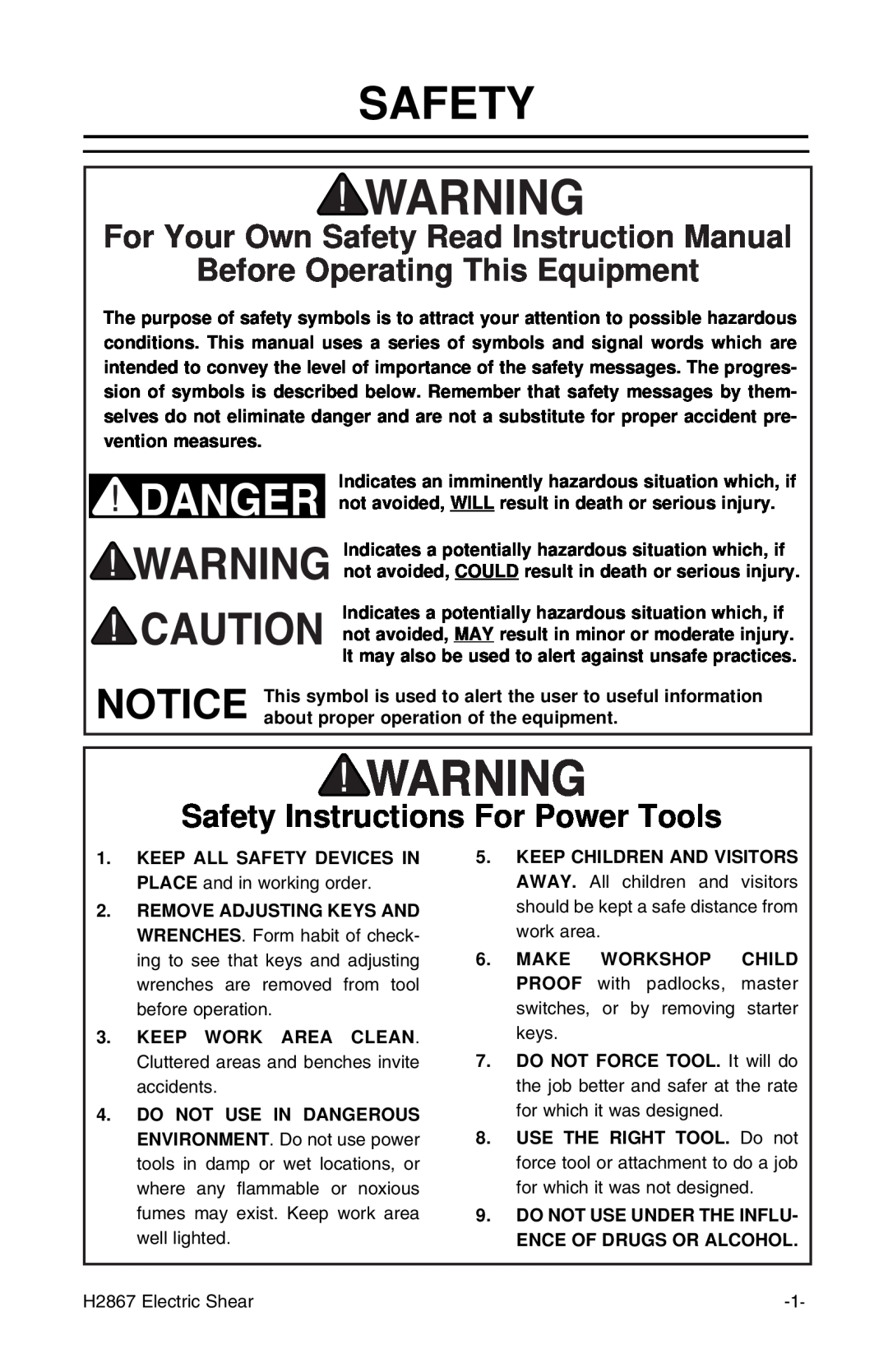 Grizzly H2867 instruction manual Before Operating This Equipment, Safety Instructions For Power Tools 