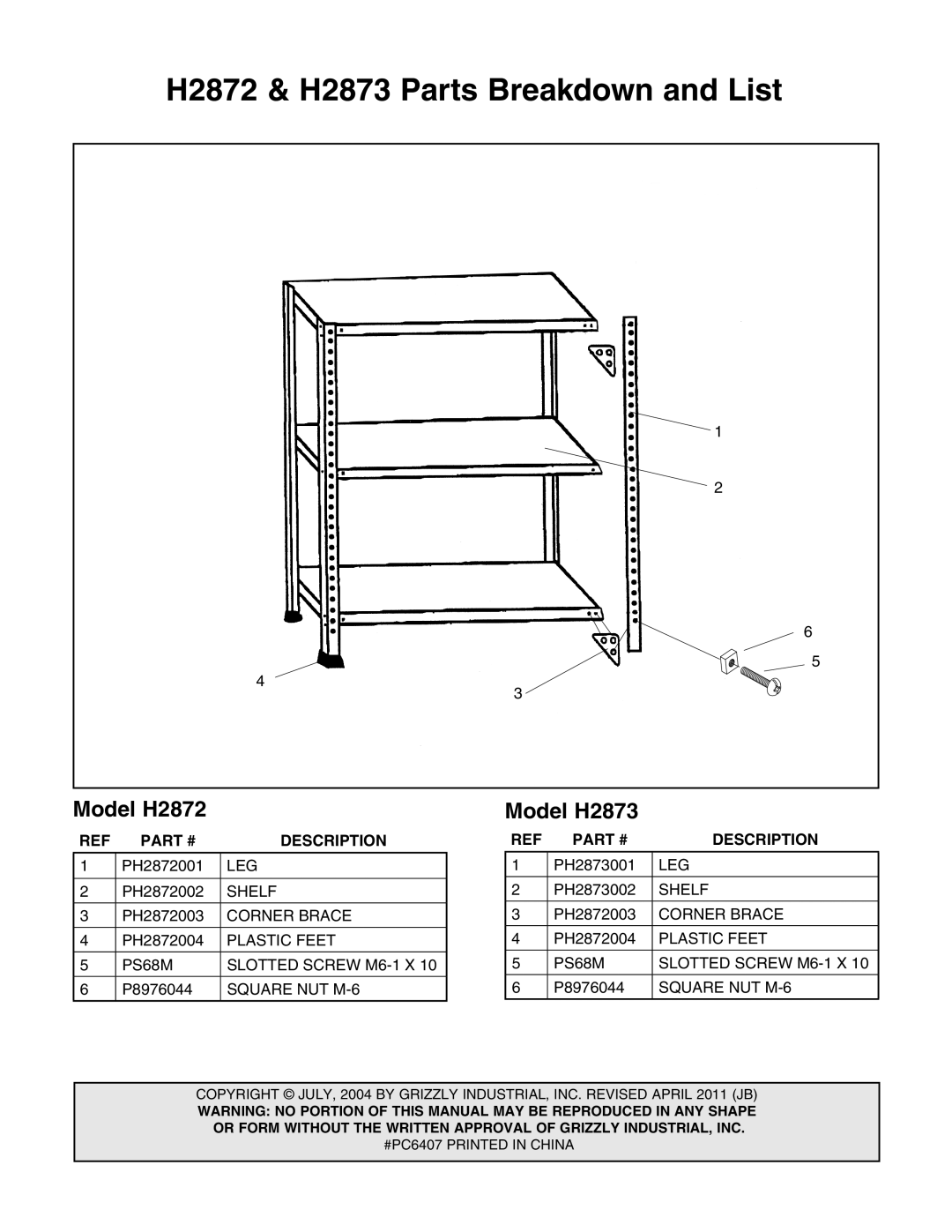 Grizzly manual H2872 & H2873 Parts Breakdown and List, Model H2872, Model H2873, Description 