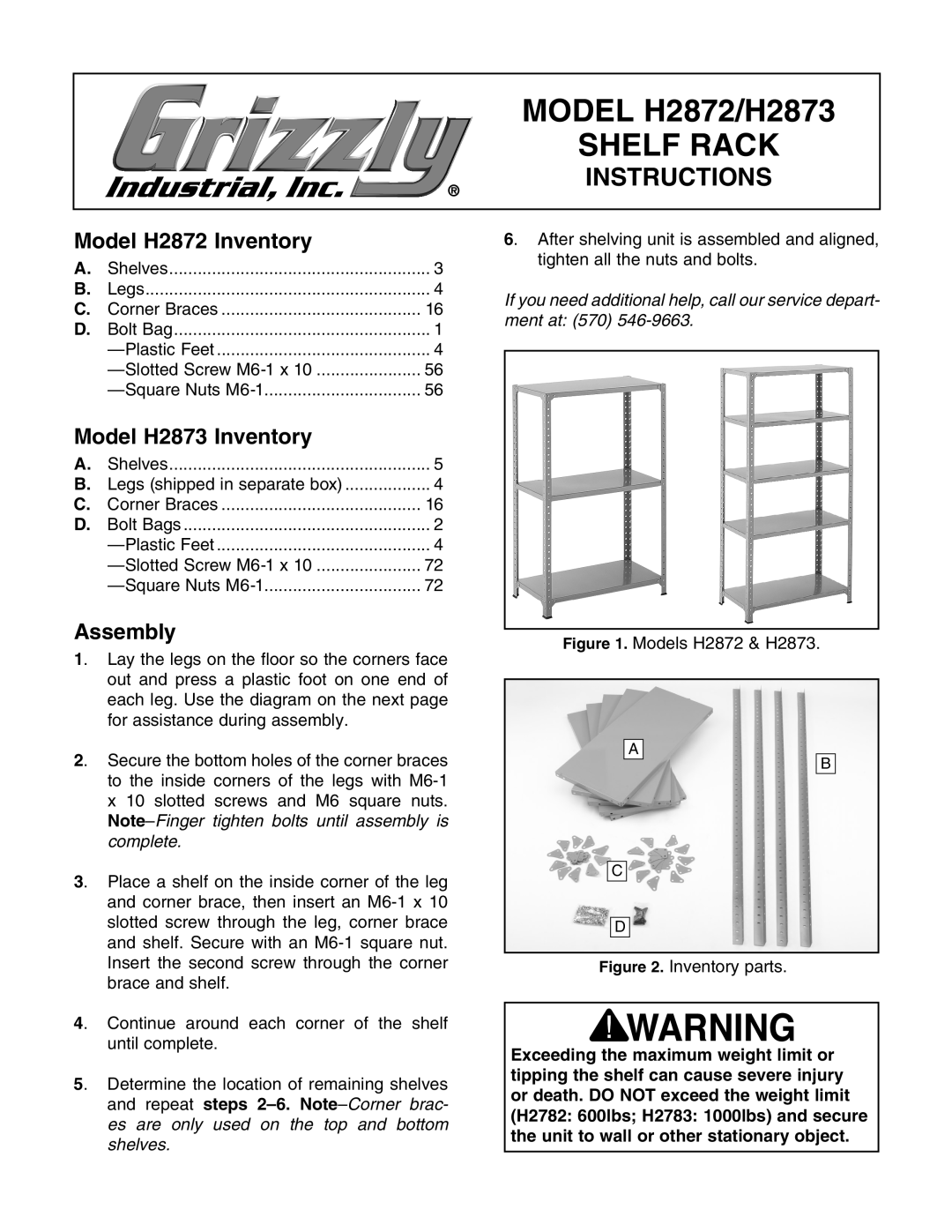 Grizzly manual MODEL H2872/H2873 SHELF RACK, Model H2872 Inventory, Model H2873 Inventory, Assembly, Instructions 