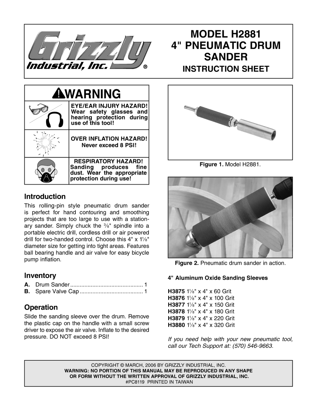 Grizzly instruction sheet Model H2881, Pneumatic Drum, Sander, Instruction Sheet 