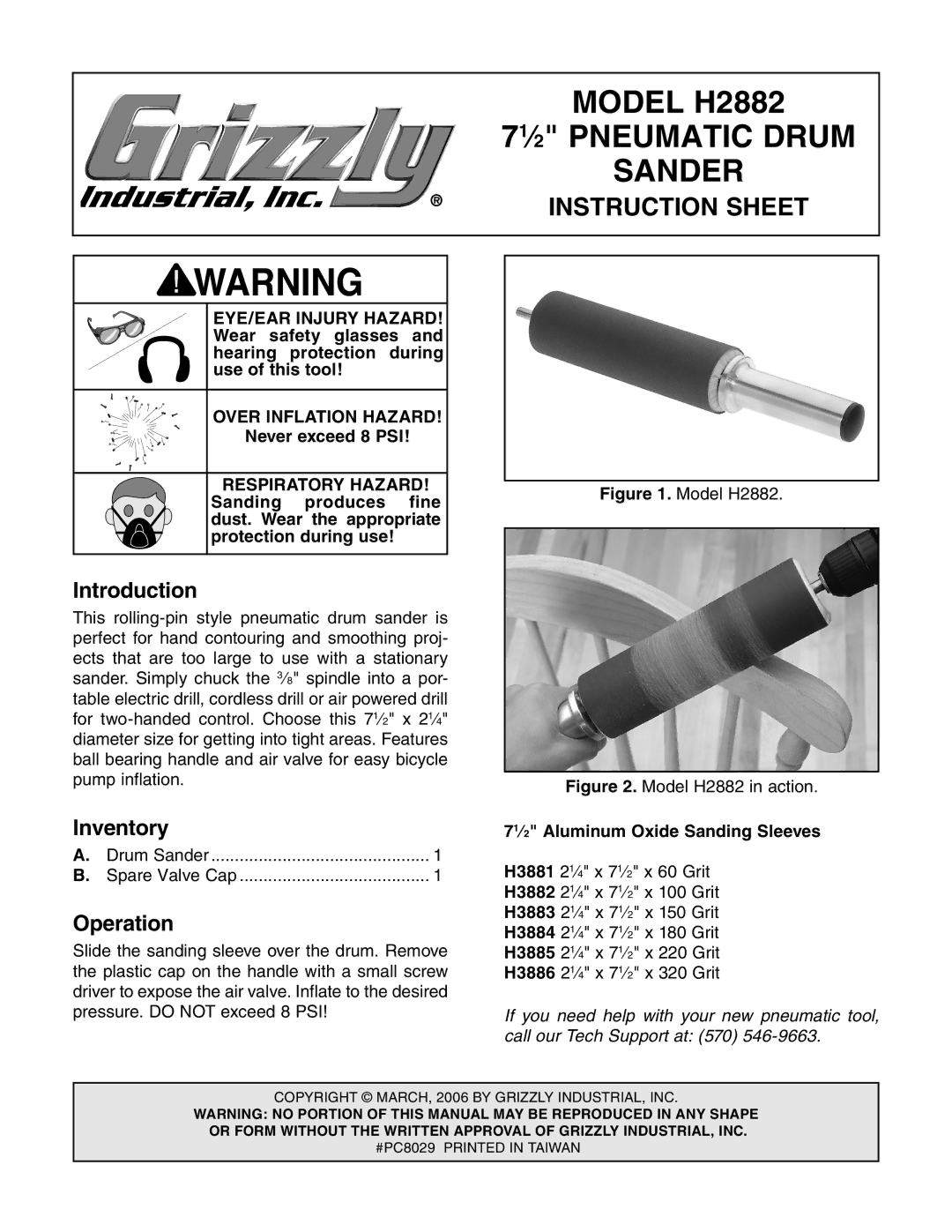 Grizzly instruction sheet Model H2882, 71⁄2 Pneumatic Drum, Sander, Instruction Sheet 