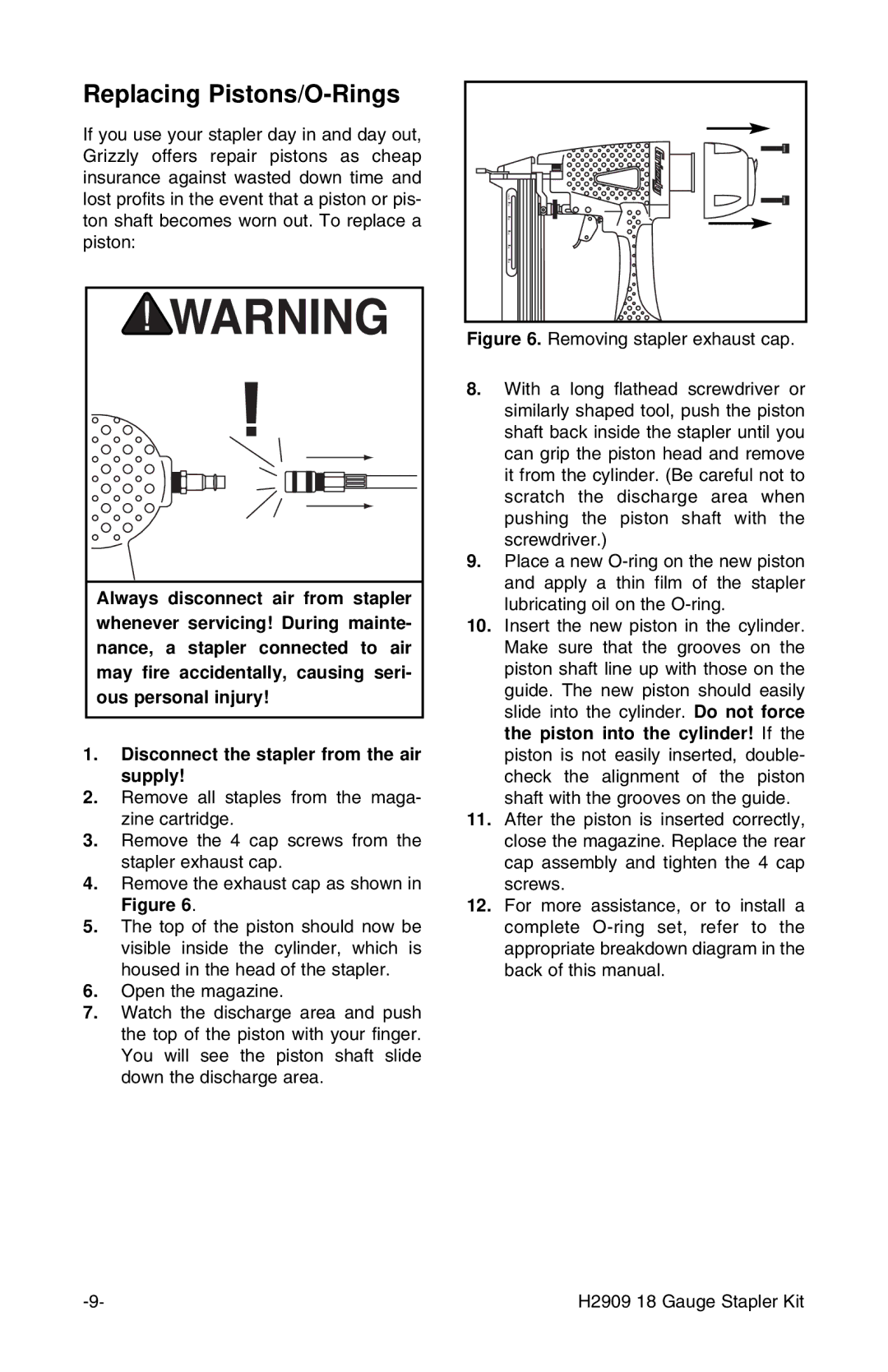 Grizzly H2909 instruction manual Replacing Pistons/O-Rings 