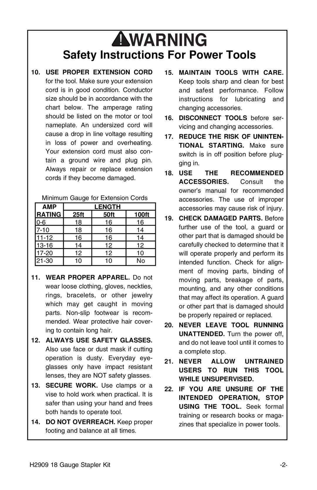 Grizzly H2909 instruction manual AMP Length Rating 