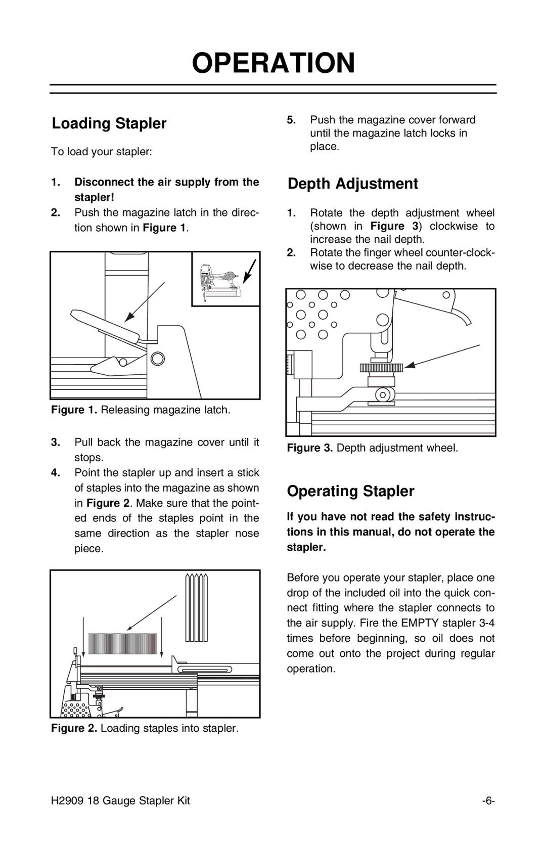 Grizzly H2909 instruction manual Operation, Loading Stapler, Depth Adjustment, Operating Stapler 