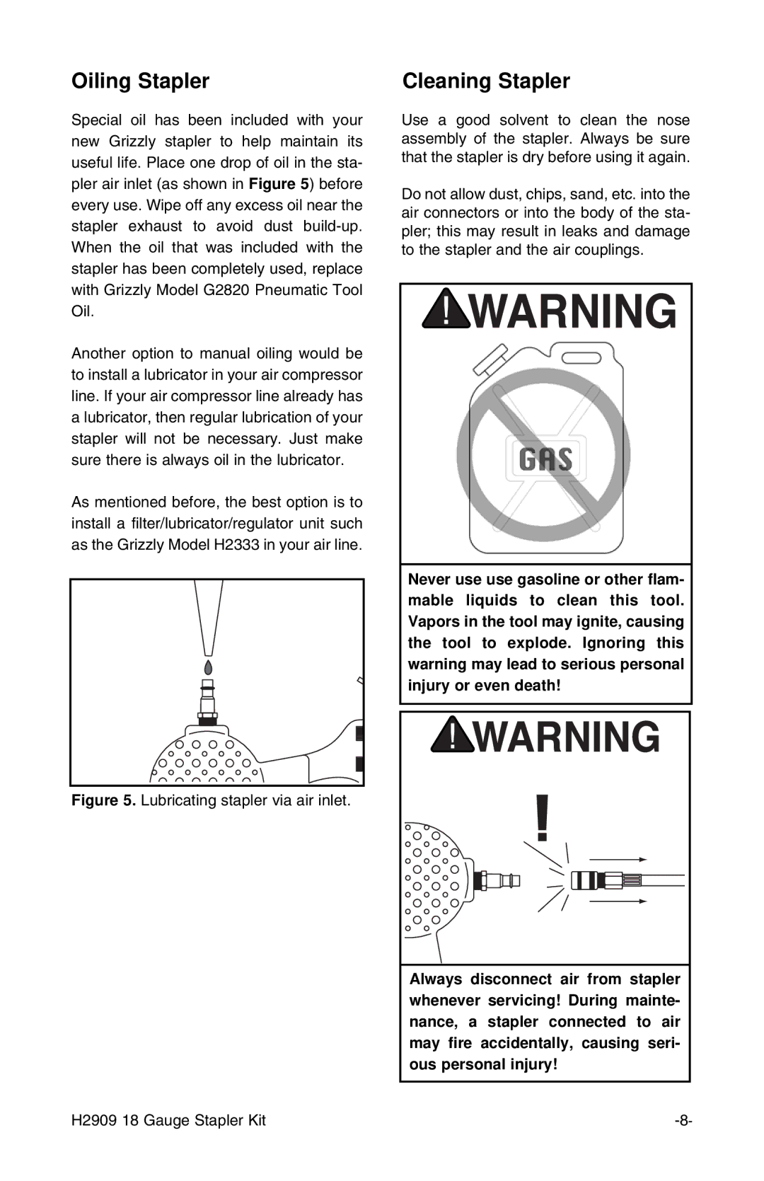 Grizzly H2909 instruction manual Oiling Stapler, Cleaning Stapler 