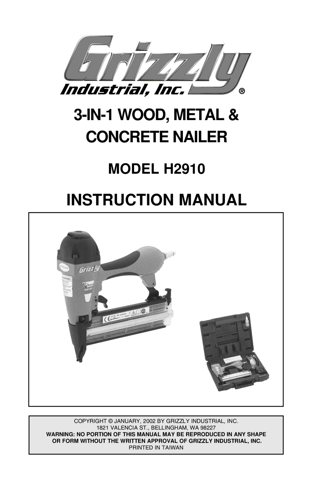 Grizzly H2910 instruction manual IN-1 WOOD, Metal Concrete Nailer 