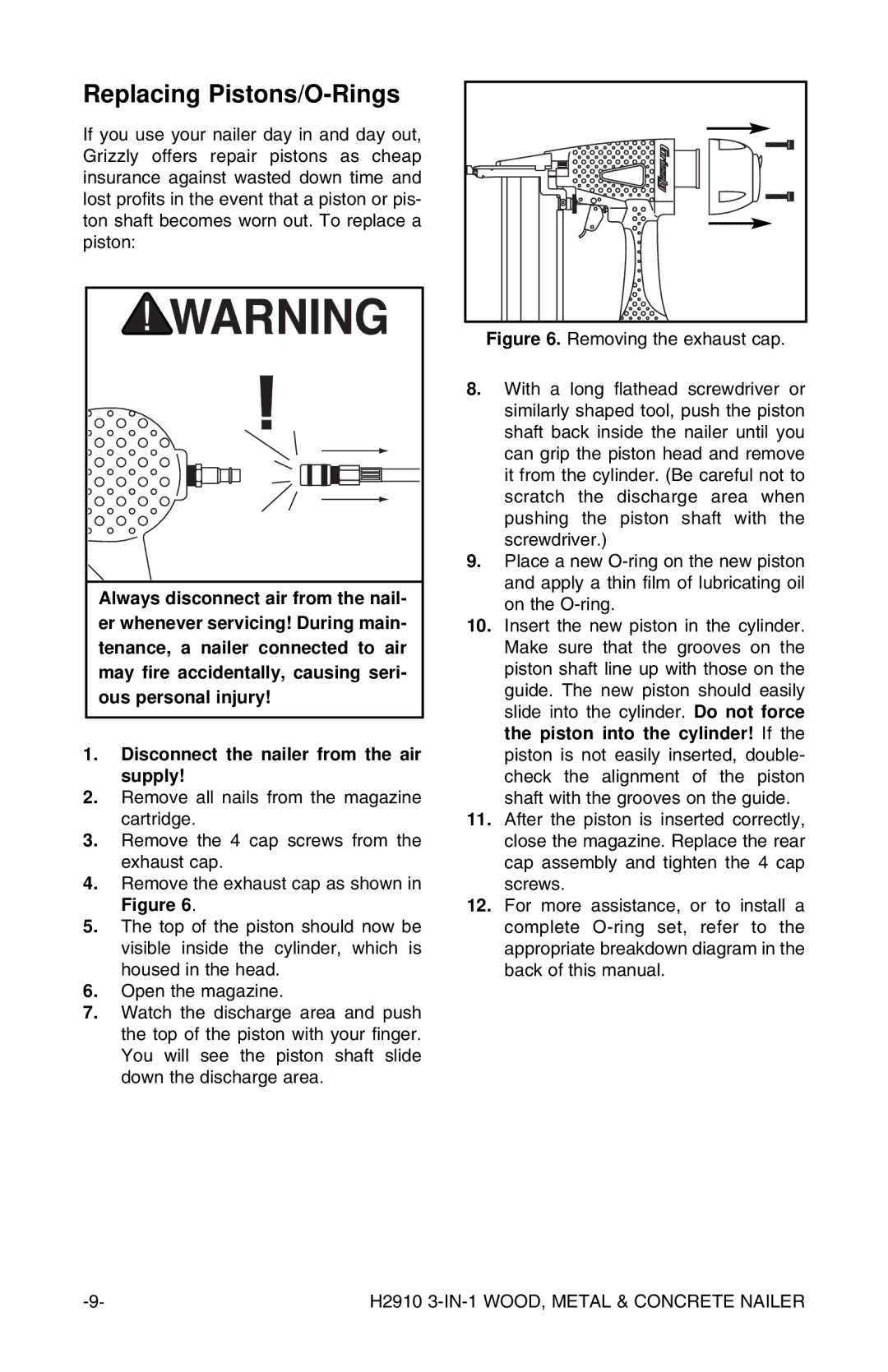 Grizzly H2910 instruction manual Replacing Pistons/O-Rings 