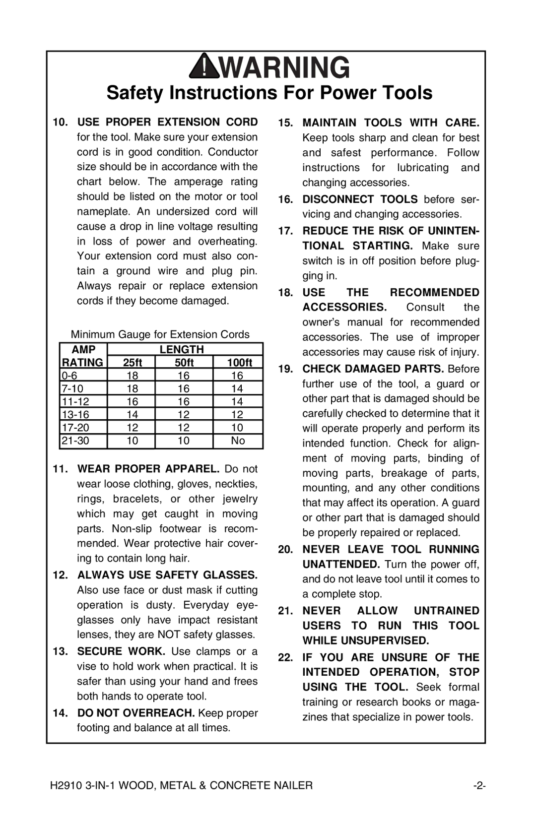 Grizzly H2910 instruction manual AMP Length Rating 