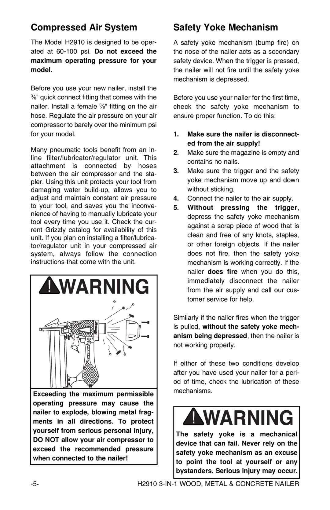 Grizzly H2910 instruction manual Compressed Air System, Safety Yoke Mechanism 