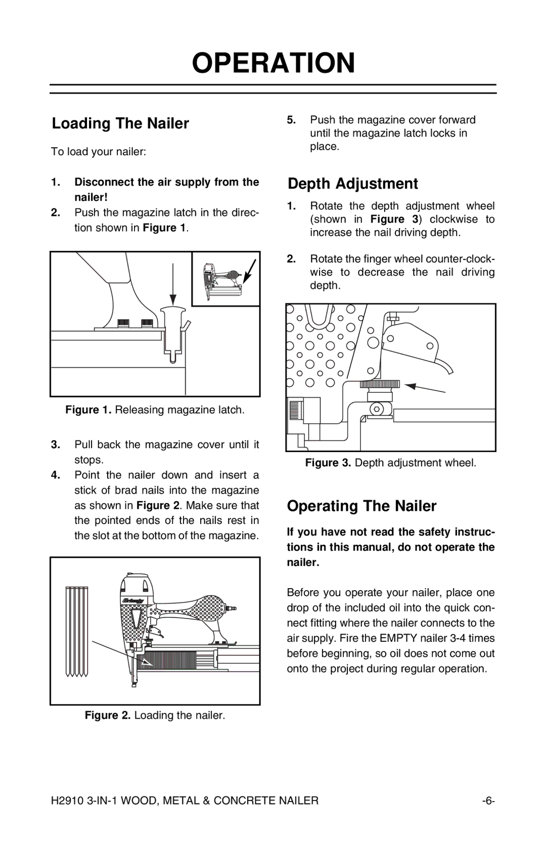 Grizzly H2910 instruction manual Operation, Loading The Nailer, Depth Adjustment, Operating The Nailer 