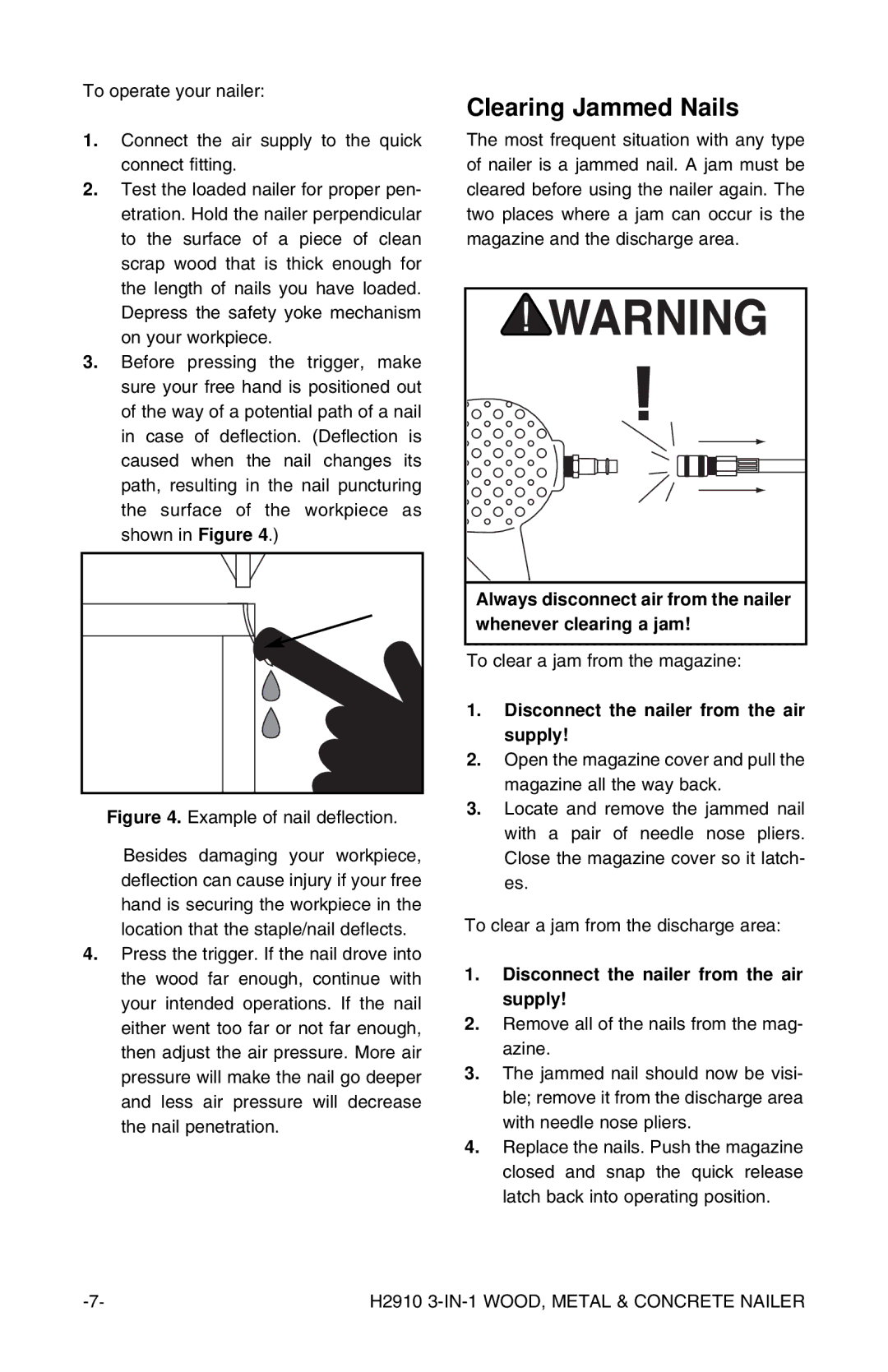 Grizzly H2910 instruction manual Clearing Jammed Nails, Disconnect the nailer from the air supply 