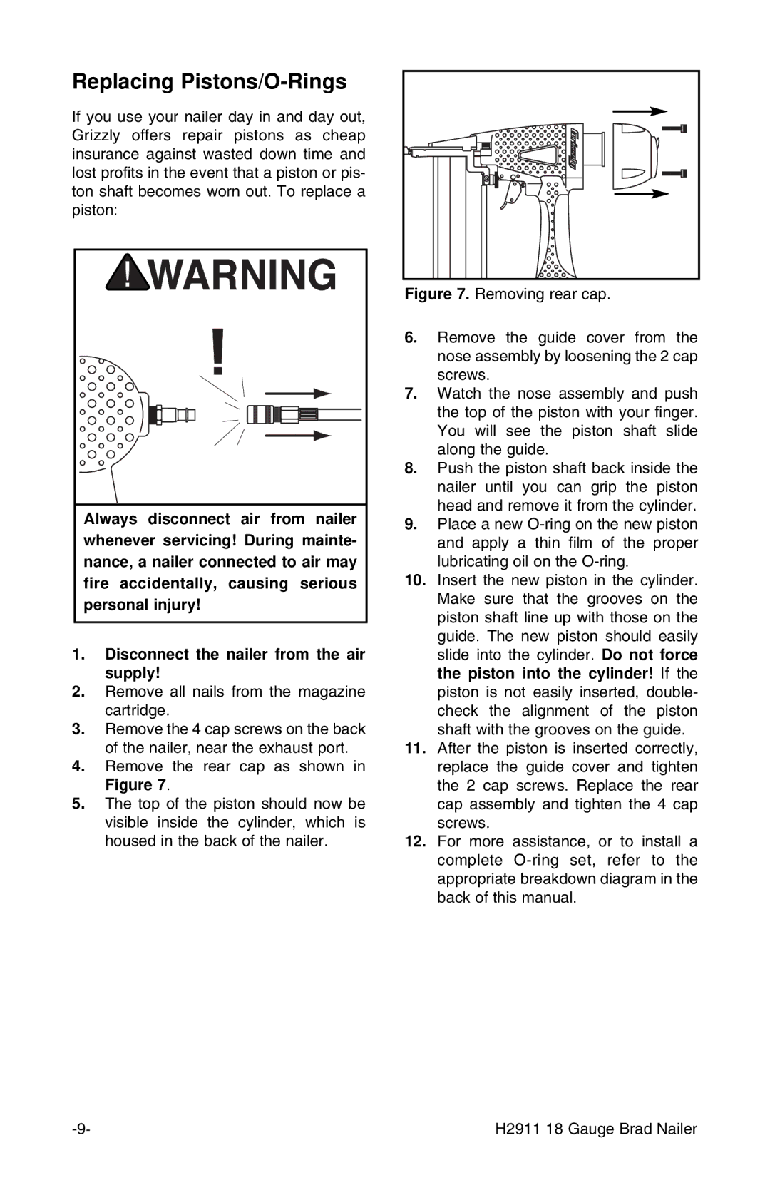 Grizzly H2911 instruction manual Replacing Pistons/O-Rings 