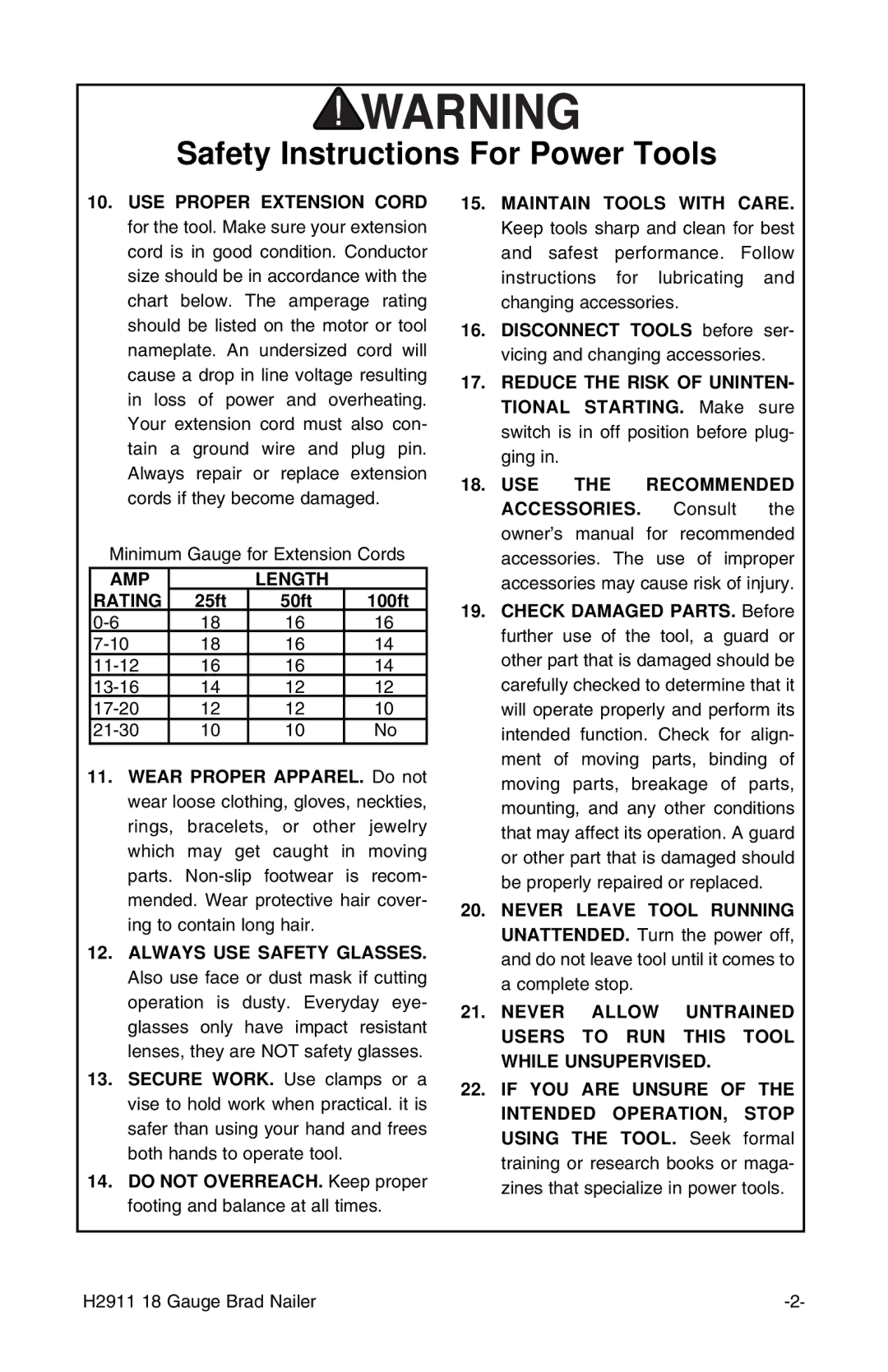 Grizzly H2911 instruction manual AMP Length Rating 