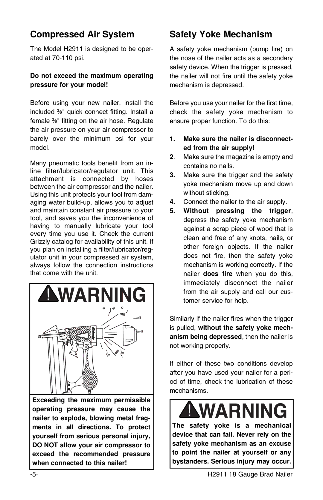 Grizzly H2911 instruction manual Compressed Air System, Safety Yoke Mechanism 