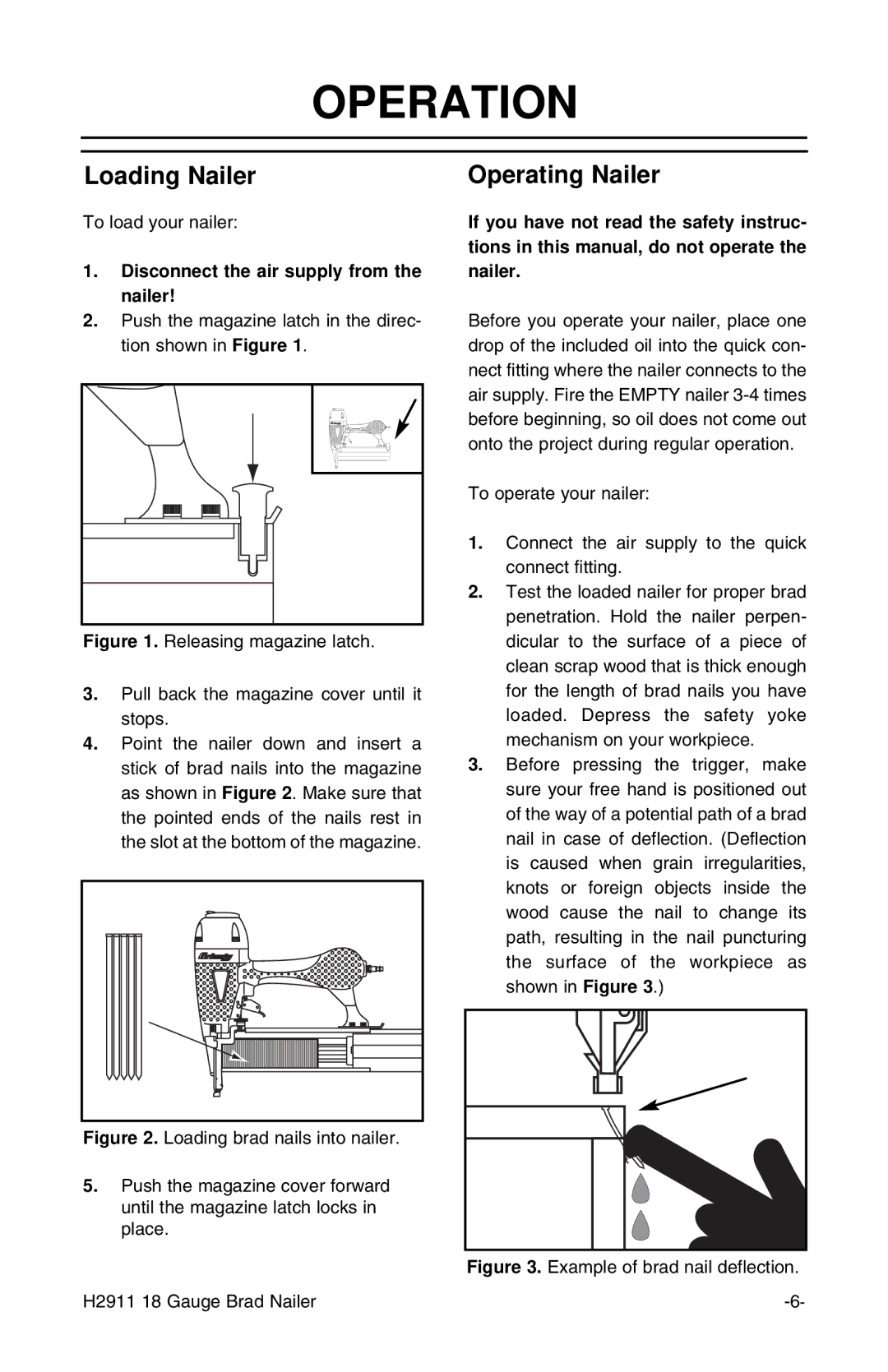 Grizzly H2911 instruction manual Operation, Loading Nailer Operating Nailer 