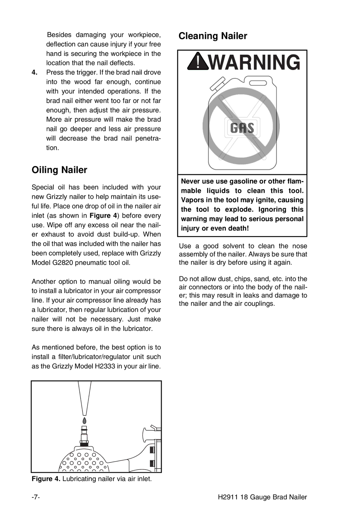 Grizzly H2911 instruction manual Oiling Nailer, Cleaning Nailer 