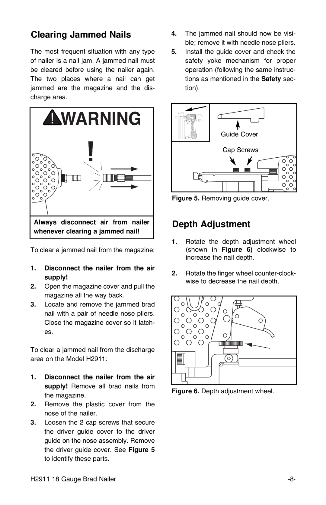 Grizzly H2911 instruction manual Clearing Jammed Nails, Depth Adjustment 