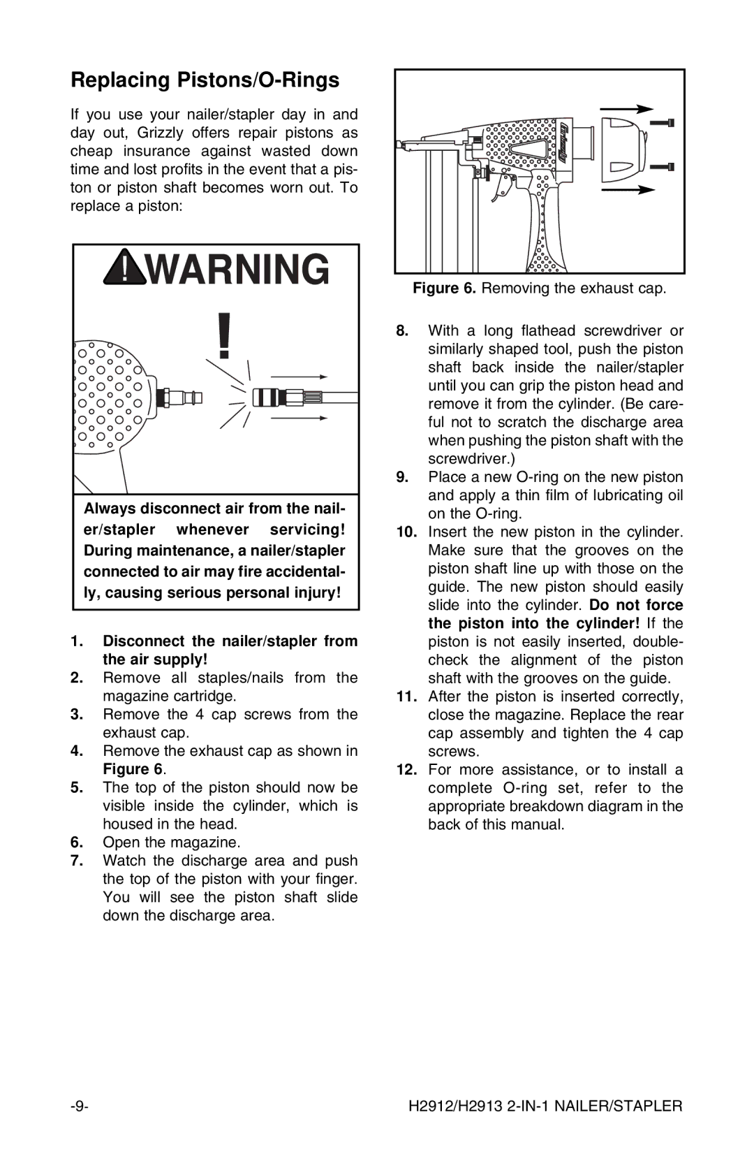 Grizzly H2912, H2913 instruction manual Replacing Pistons/O-Rings 