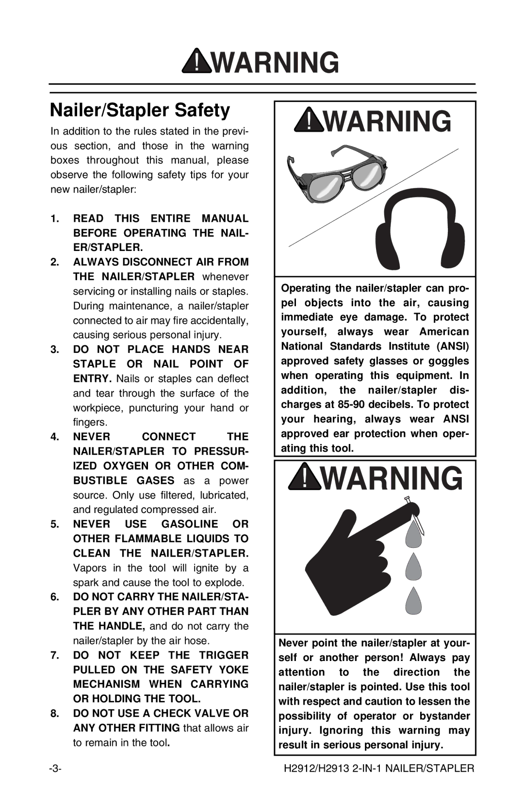 Grizzly H2912, H2913 instruction manual Nailer/Stapler Safety 