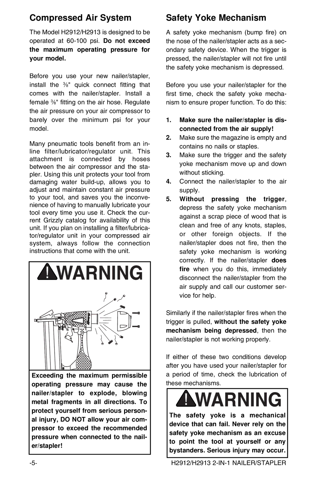 Grizzly H2912, H2913 instruction manual Compressed Air System, Safety Yoke Mechanism 