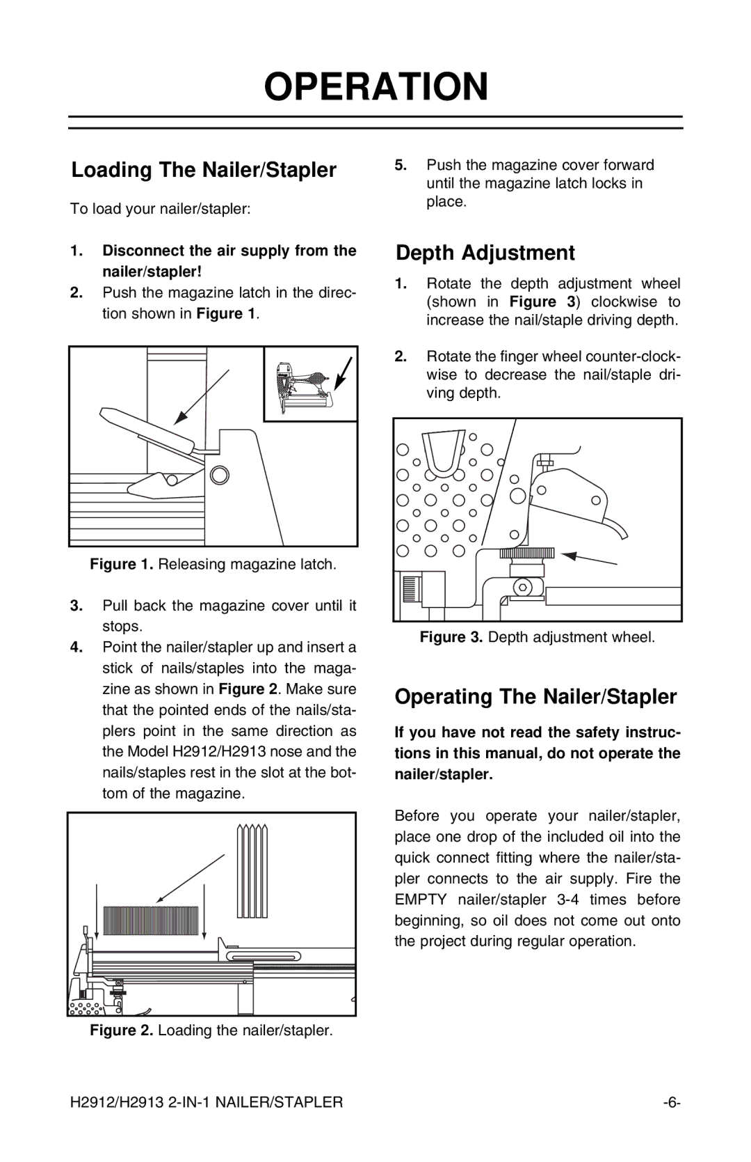 Grizzly H2913, H2912 Operation, Loading The Nailer/Stapler, Depth Adjustment, Operating The Nailer/Stapler 