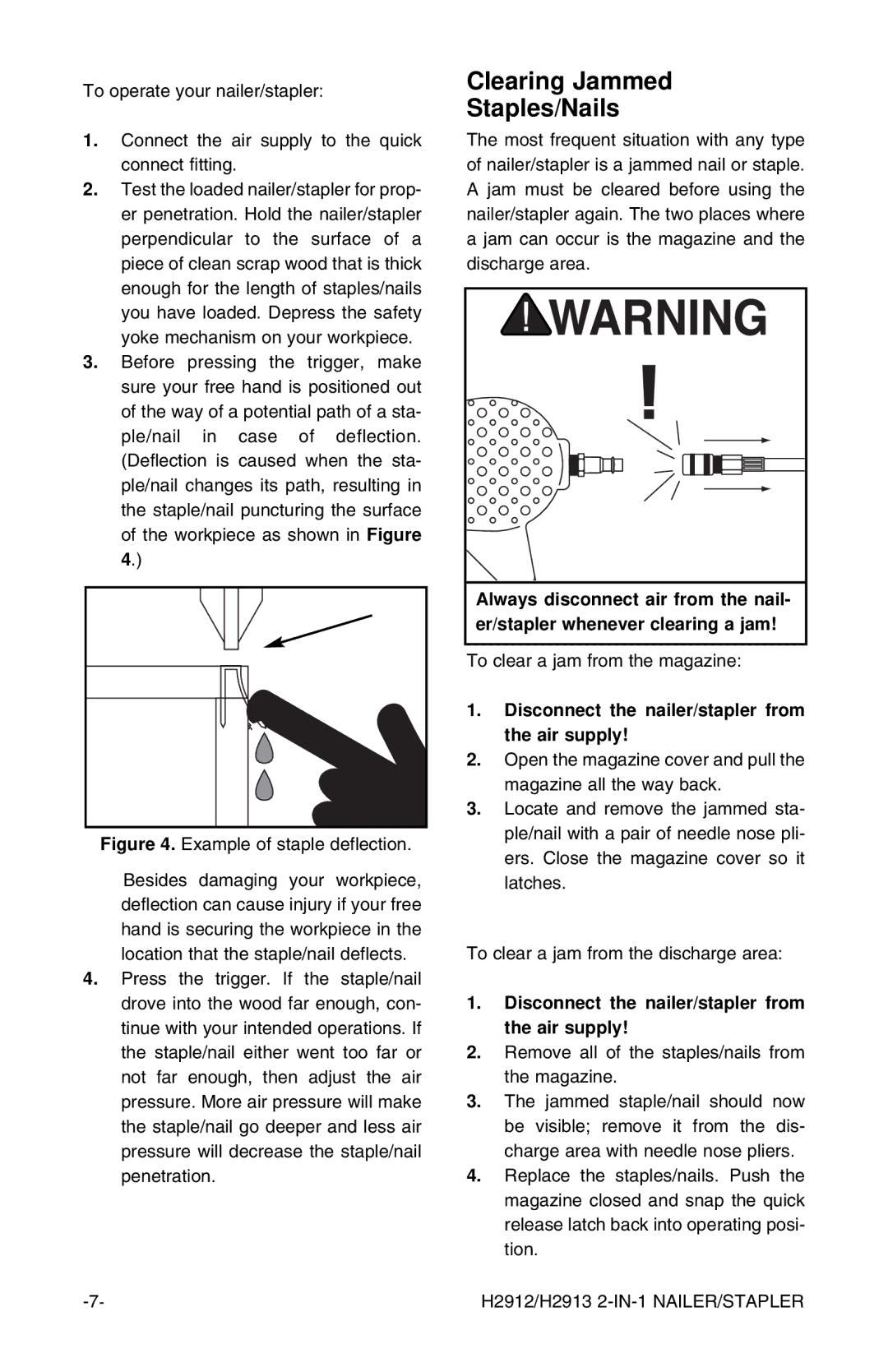 Grizzly H2912, H2913 instruction manual Clearing Jammed Staples/Nails, Disconnect the nailer/stapler from the air supply 