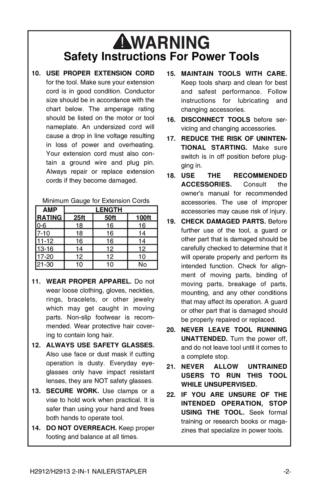 Grizzly H2912/H2913 instruction manual AMP Length Rating 