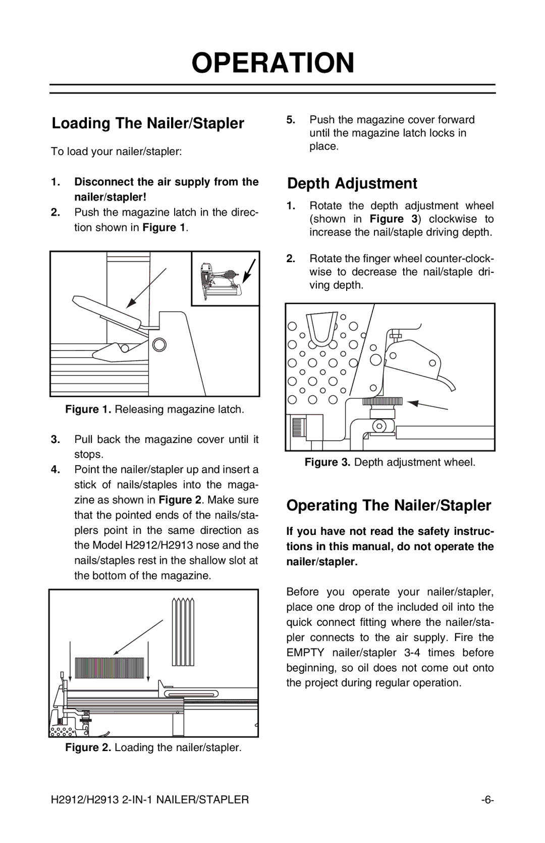 Grizzly H2912/H2913 Operation, Loading The Nailer/Stapler, Depth Adjustment, Operating The Nailer/Stapler 