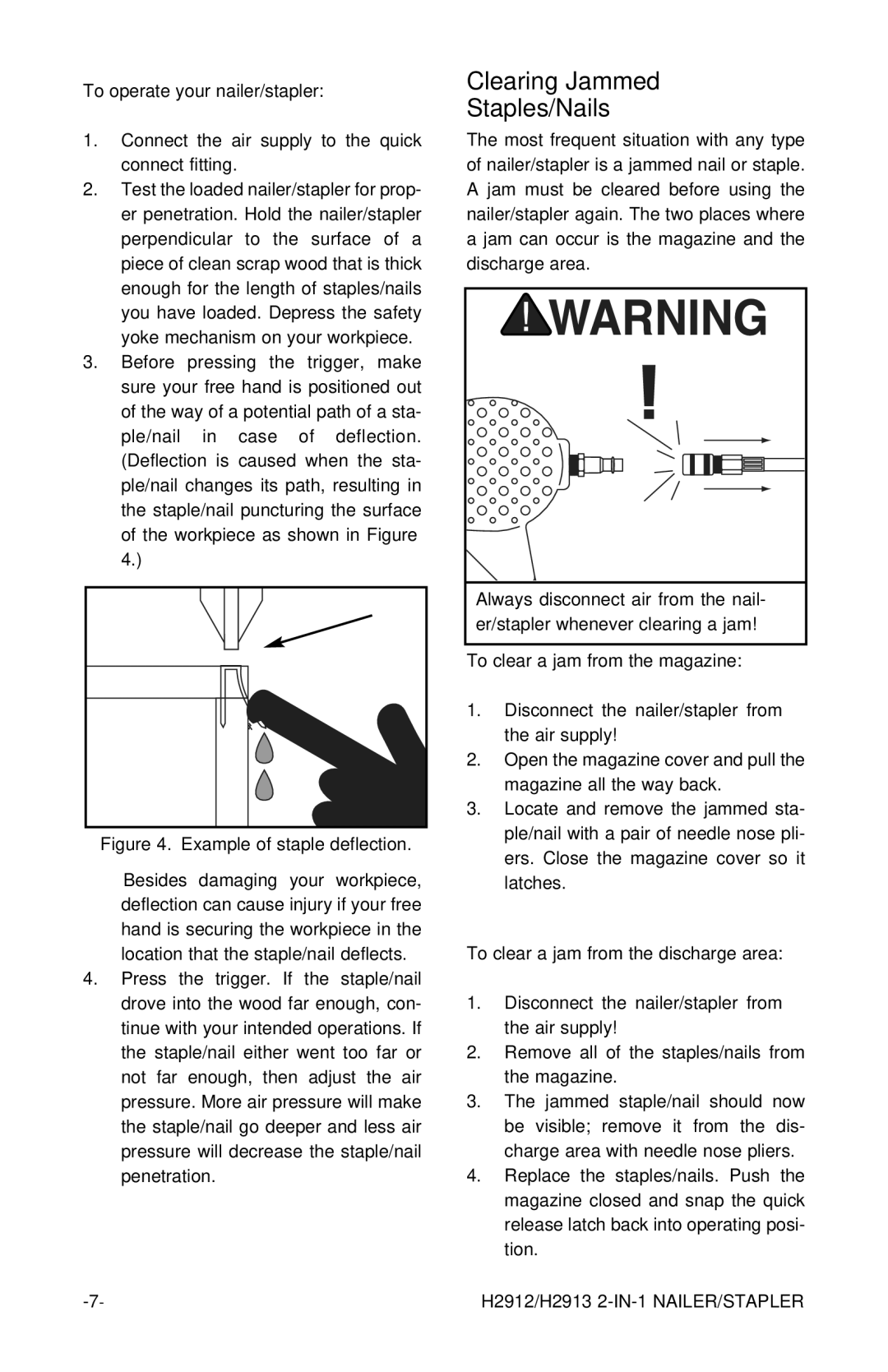 Grizzly H2912/H2913 instruction manual Clearing Jammed Staples/Nails, Disconnect the nailer/stapler from the air supply 