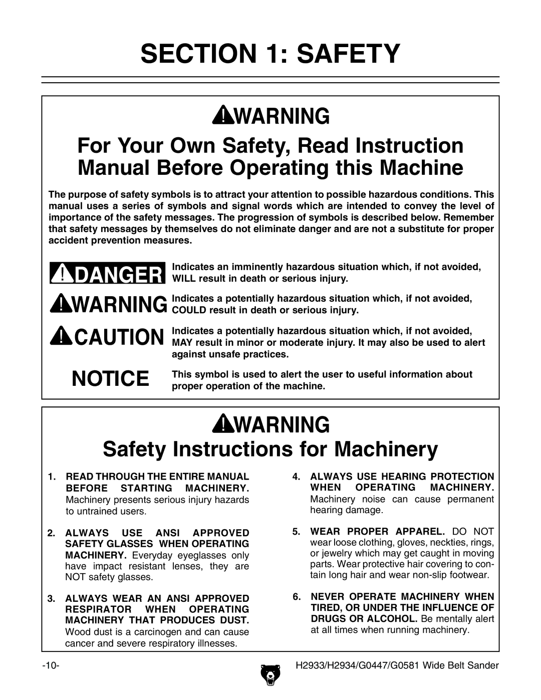 Grizzly H2933, G0581 manual #4/. 3!&%49, 3AFETYYNSTRUCTIONS for -ACHINERY 