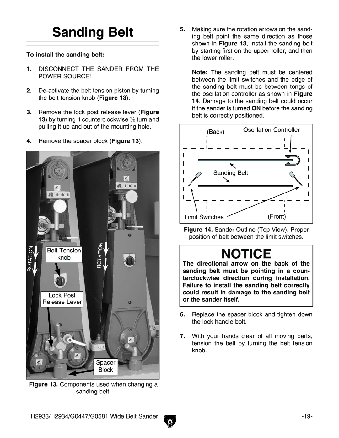 Grizzly G0581, H2933 manual 3ANDING ELT, 4O INSTALLTTHEHSANDINGDBELT 