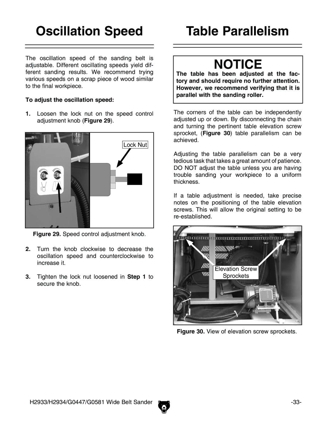 Grizzly G0581, H2933 manual Scillation 3PEED, 4ABLEL0ARALLELISM, 4O Adjust THEHOSCILLATIONLSPEED 