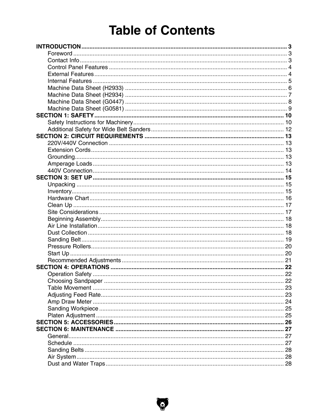 Grizzly G0447, H2933, H2934, G0581 manual 4ABLE of #ONTENTS 