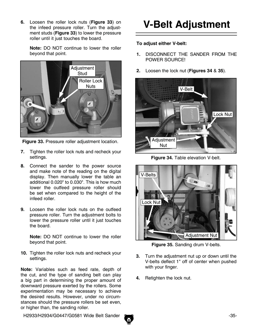 Grizzly H2934, H2933, G0581, G0447 manual 6ELT !DJUSTMENT, 4O Adjust Either 6BELT 