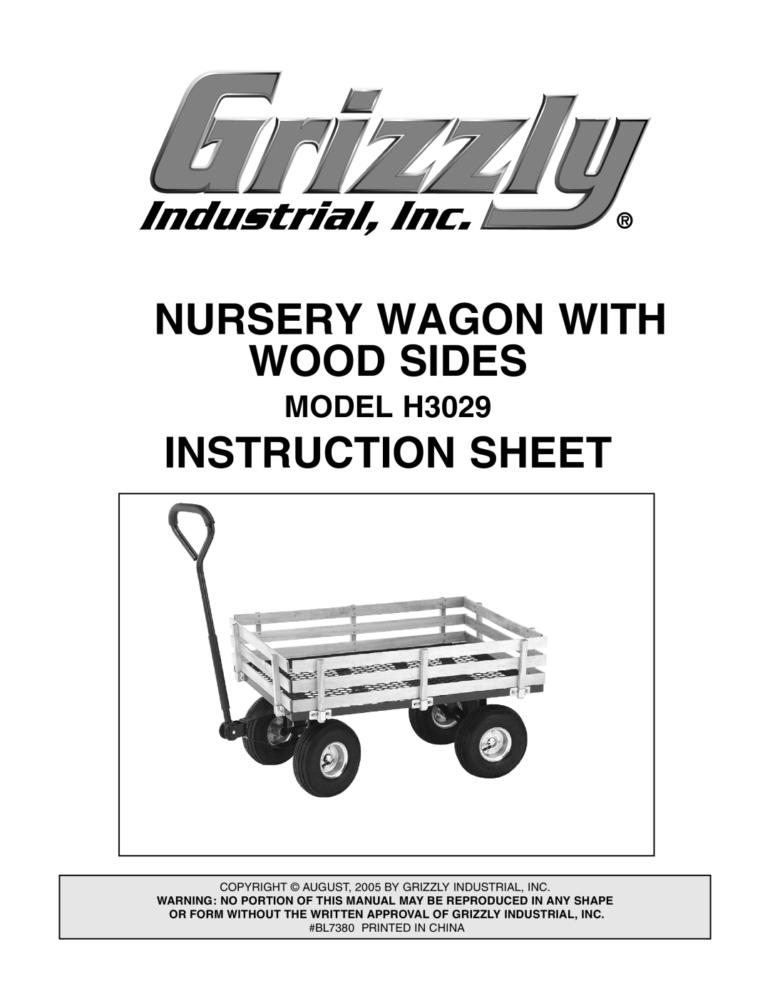 Grizzly instruction sheet MODEL H3029, Nursery Wagon With Wood Sides, Instruction Sheet 