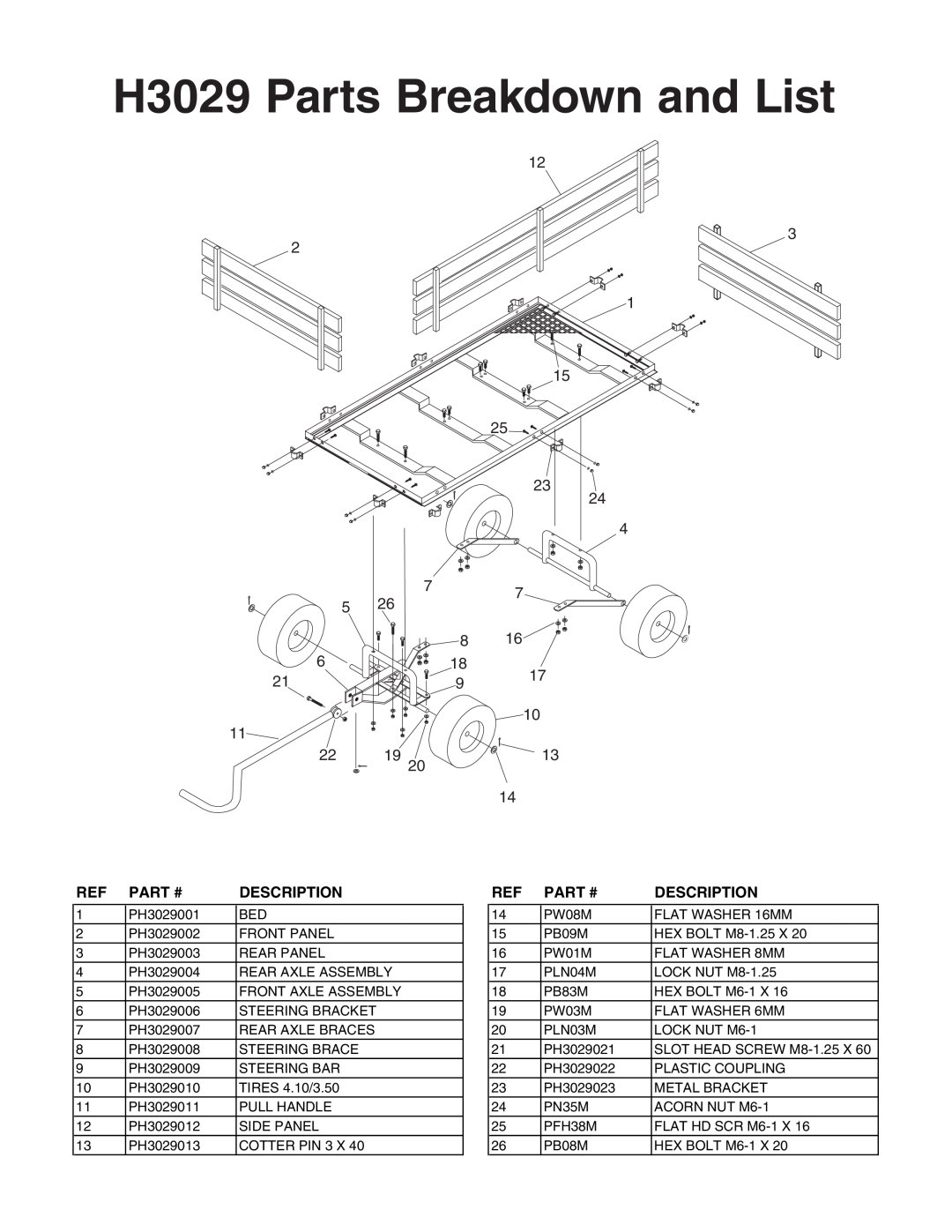 Grizzly instruction sheet H3029 Parts Breakdown and List, Part #, Description 