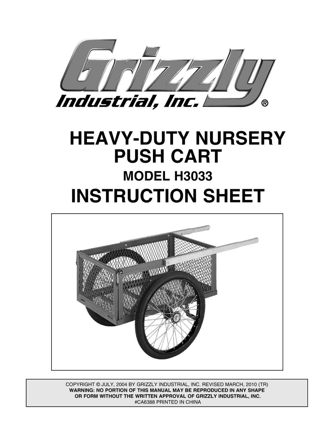 Grizzly H3033 instruction sheet HEAVY-DUTY Nursery Push Cart 