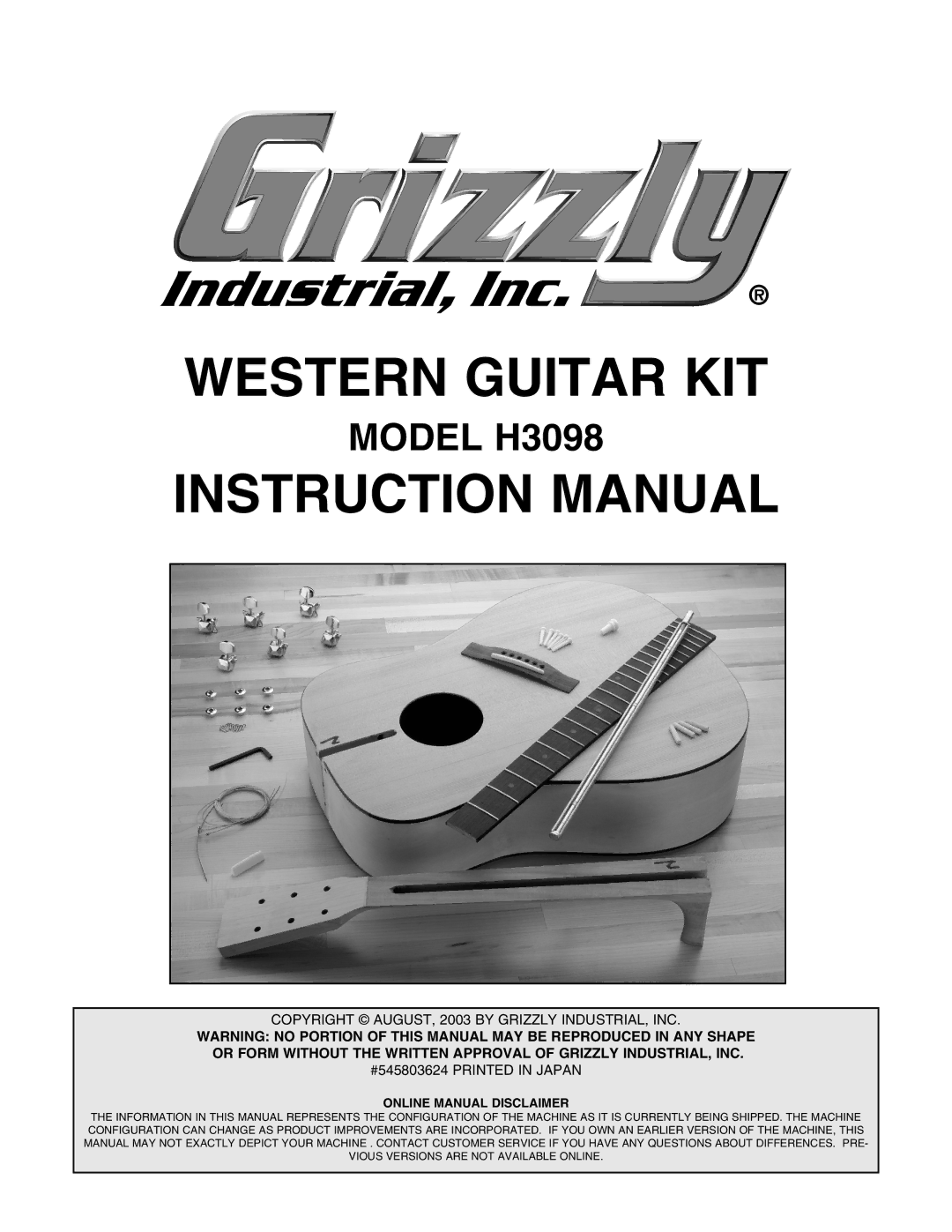 Grizzly H3098 instruction manual Western Guitar KIT 